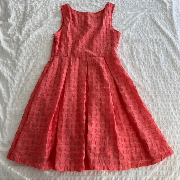 Eva Franco Pleated Coral Keyhole Polka Dot Sleeveless Fit & Flare Dress, 8 - Picture 6 of 11